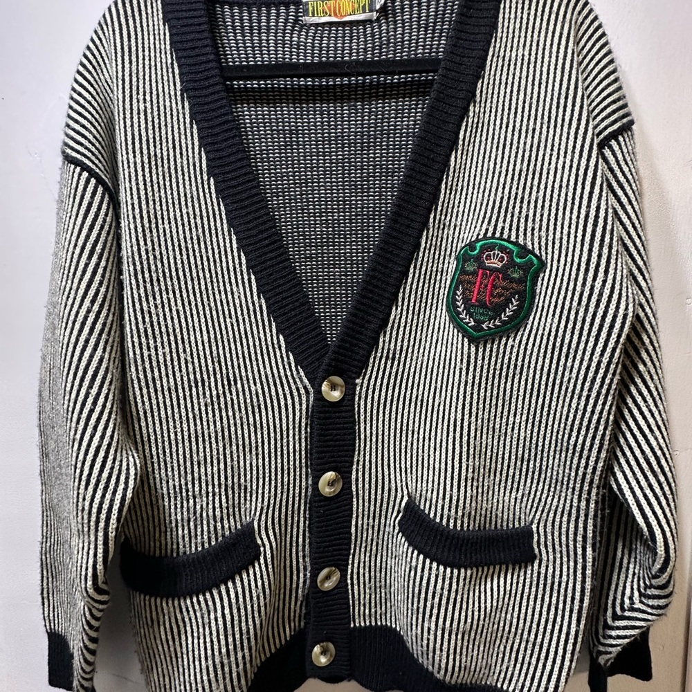 First Concept Striped Black & White Button Cardigan with Crest sz medium